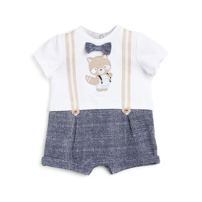 Boys White and Blue Applique Short Sleeve Rompers